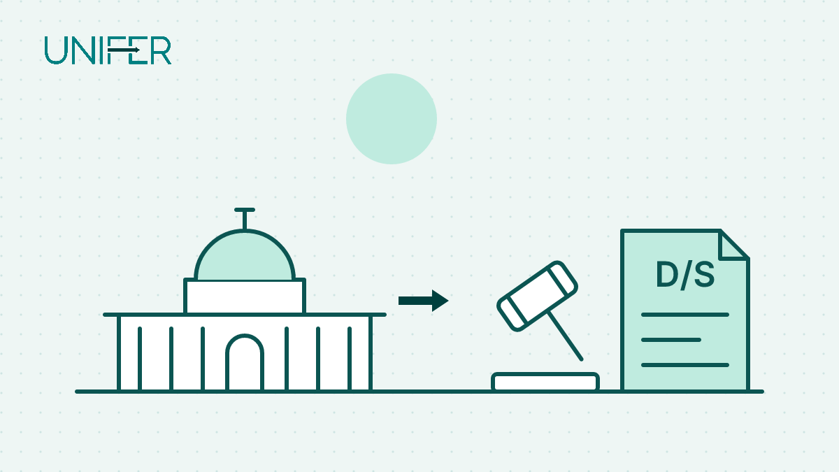Line drawing: the US Capitol, an arrow to a judge's gavel, and a document marked D/S